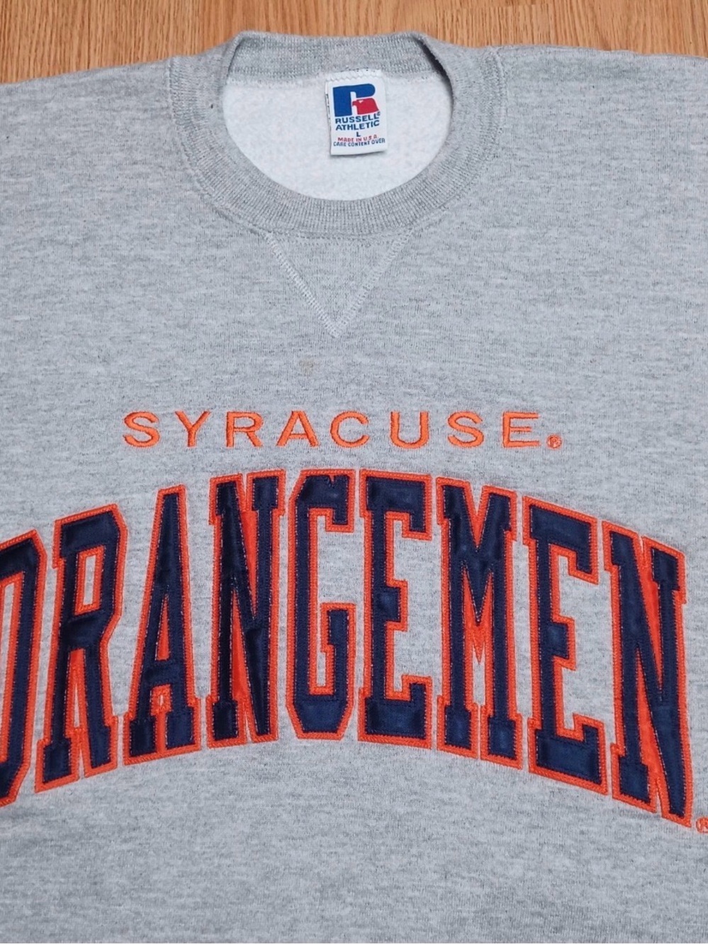 Russell Athletic Gray Crewneck Sweatshirt with Orange and Navy Lettering